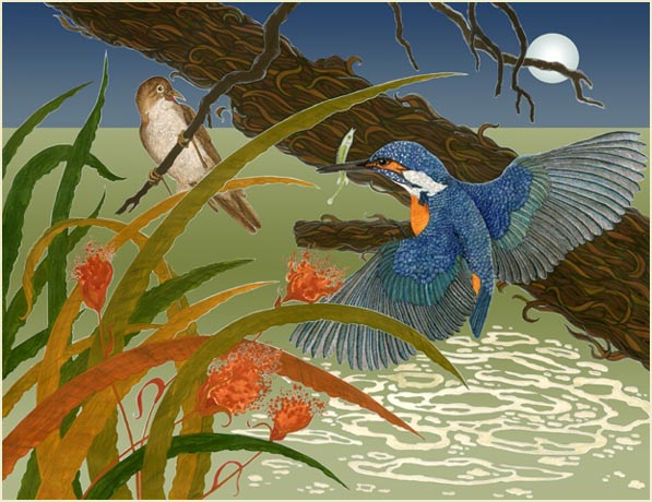 Reed warbler, kingfisher,  minnow